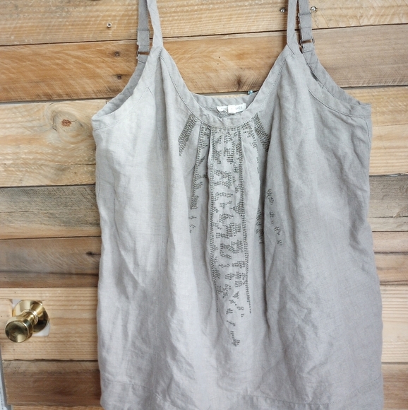 Eileen Fisher Tops - Eileen Fisher Tan Beige 100% Organic Linen Beaded Tank Top Size 1X Boho Hippie